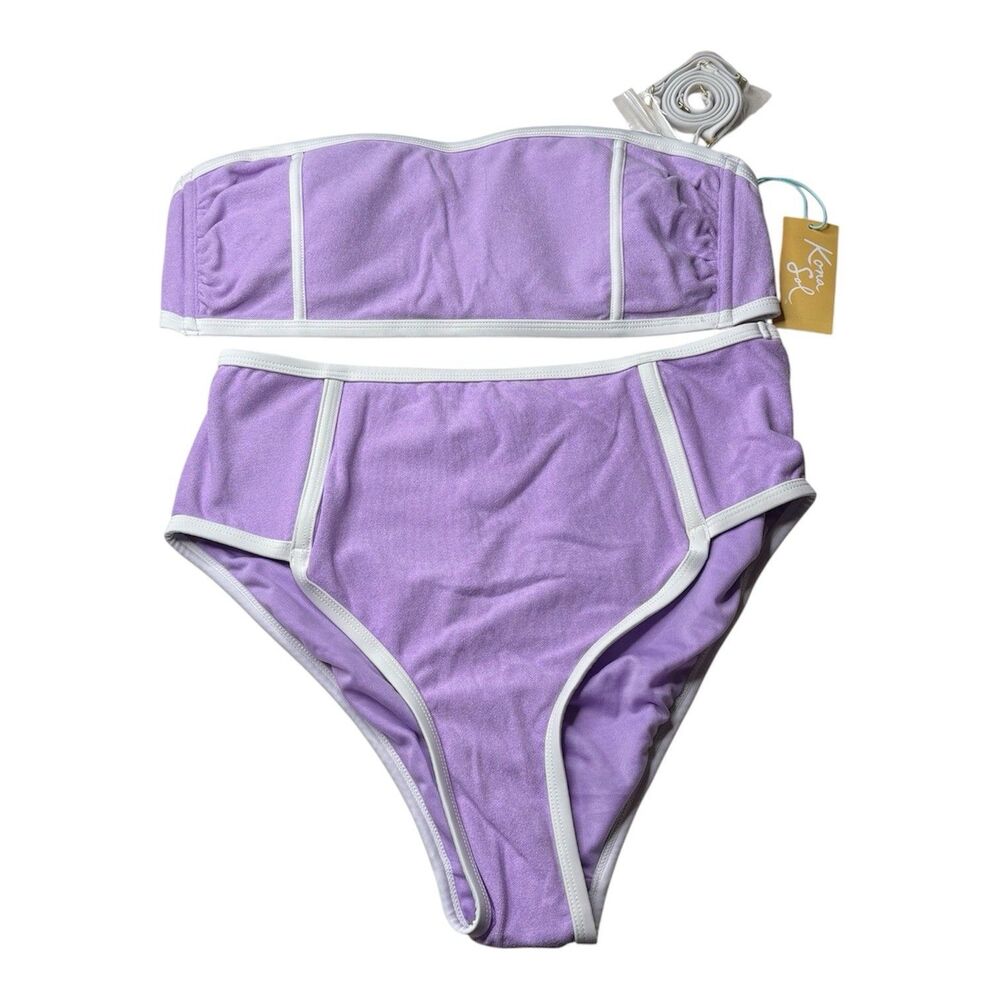 Kona Sol Purple Retro Ringer Terry Bikini Top And Bottoms Sz Large New Two Piece